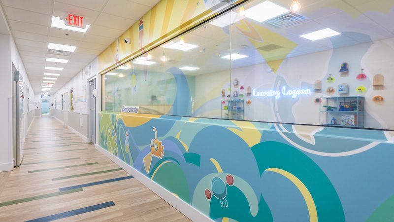Colorful Learning Lagoon hallway mural inside a Goddard School